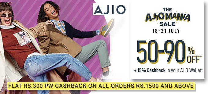 The AjioMania Sale  50-90% Ajio Offers + Upto 15% Ajio Cash + Rs 300 PW  Cashback on Orders above Rs 1500 - PaisaWapas