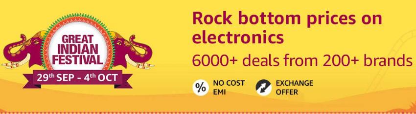 Great Indian Festival | Upto 60% Off on Electronics + 10% Instant Discount/Bonus Offers via SBI Cards (29th Sept - 4th Oct)
