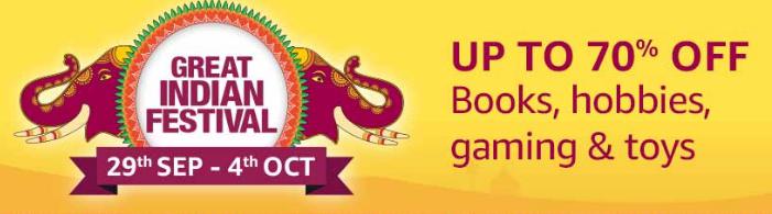 Great Indian Festival | Upto 70% Off on Books, Hobbies, Gaming & Toys + 10% Instant Discount/Bonus Offers via SBI Cards (29th Sept - 4th Oct)