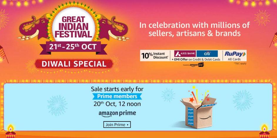GREAT INDIAN FESTIVAL | Early Access for Prime Members at 12 noon, 20th Oct - Upto 90% Off + 10% Instant Discount+EMI Offer on Axis/Citi Bank Cards