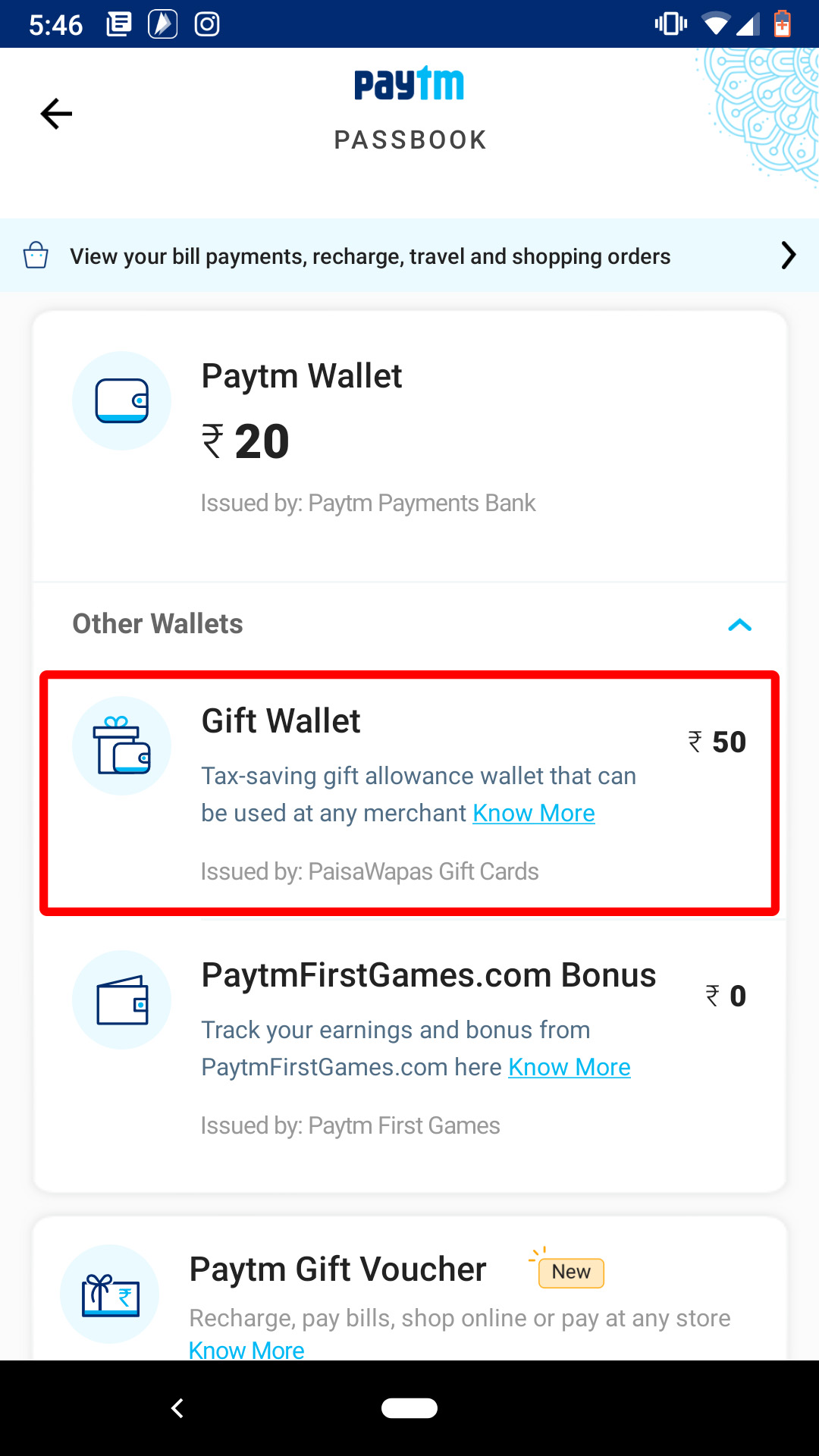 Tap on Gift Wallet