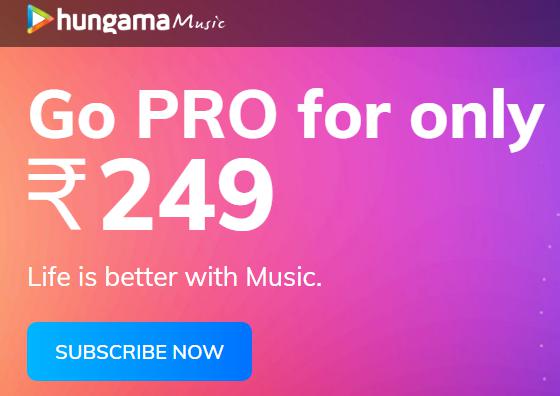 HUNGAMA Music GO PRO Subscription at Rs.249 + 10% PW Cashback