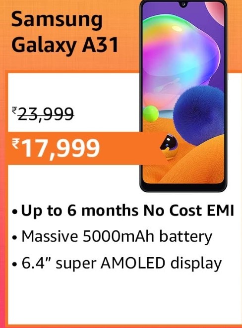 Samsung Galaxy A31 (6GB RAM, 128GB Storage) with No Cost EMI/Additional Exchange Offers