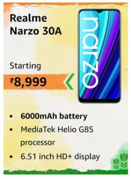 Realme Narzo 30A, Starting at Rs.8,999 + Extra 10% Instant Discount on SBI Card
