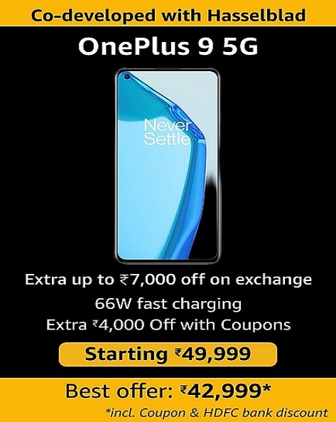 PW MOBILE DAYS | OnePlus 9 5G, Starting at Rs.49,999 + Extra Flat Rs.3000 Instant Discount On HDFC Bank Cards