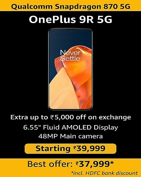 PW MOBILE DAYS | OnePlus 9R 5G, Starting at Rs.39,999 + Extra Flat Rs.2000 Instant Discount On HDFC Bank Cards