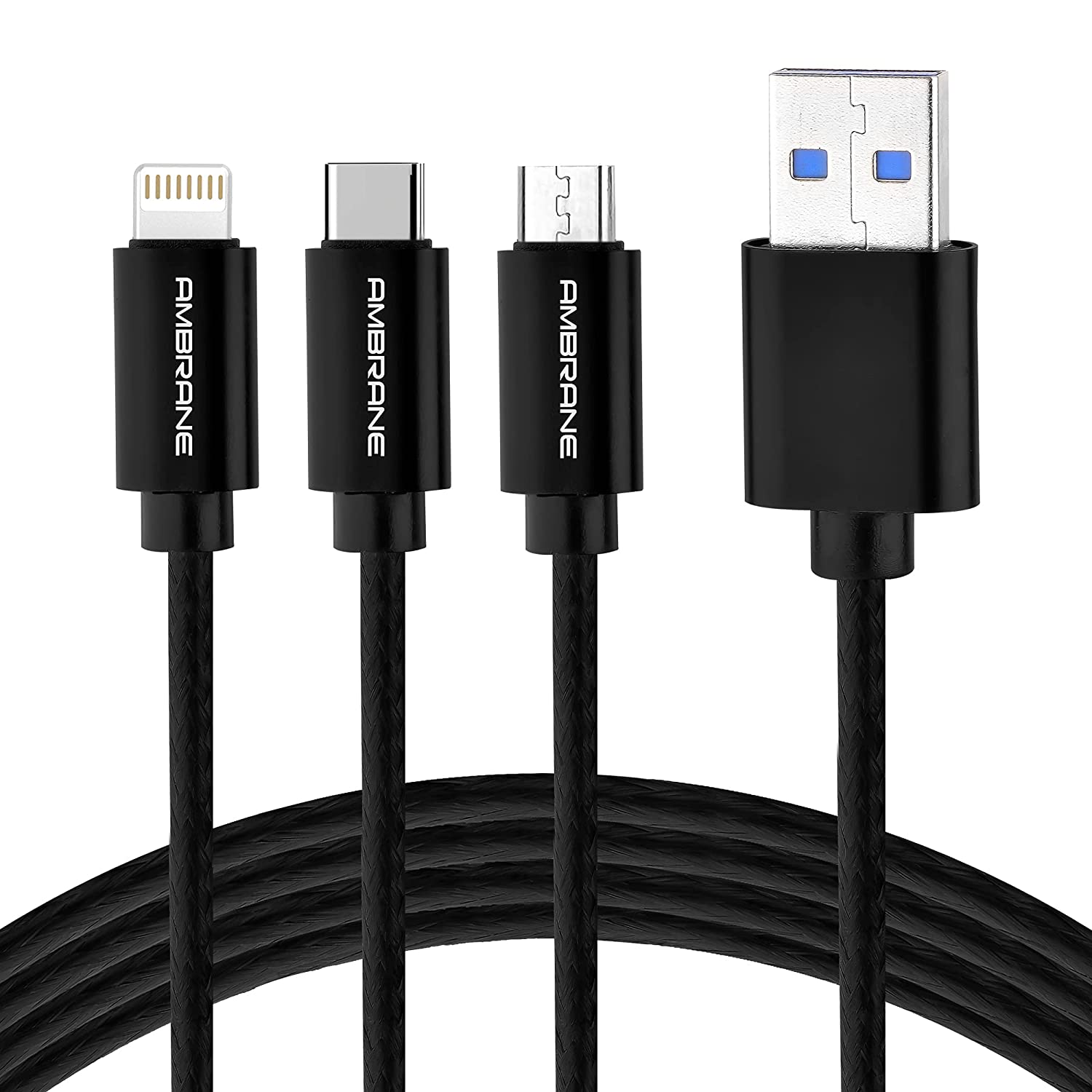 Buy Ambrane Unbreakable 3 in 1 Fast Charging Braided Multipurpose Cable with 2.1 A Speed ? 1.25 meter