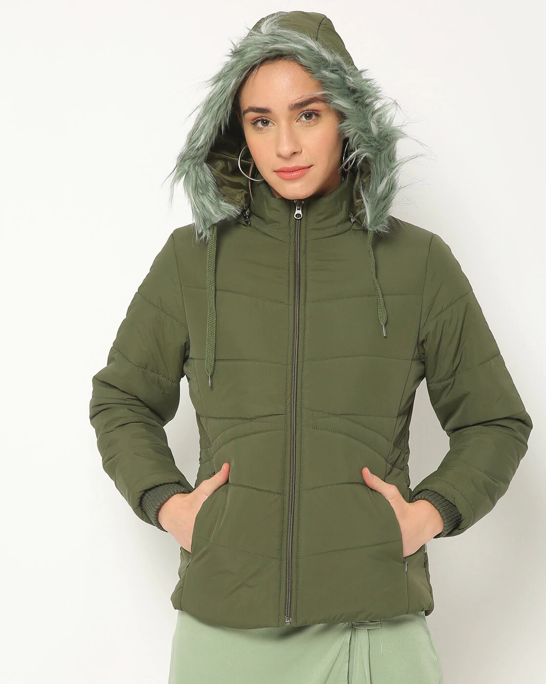 Buy FORT COLLINS Quilted Bomber Jacket with Fur-Lined Hood
