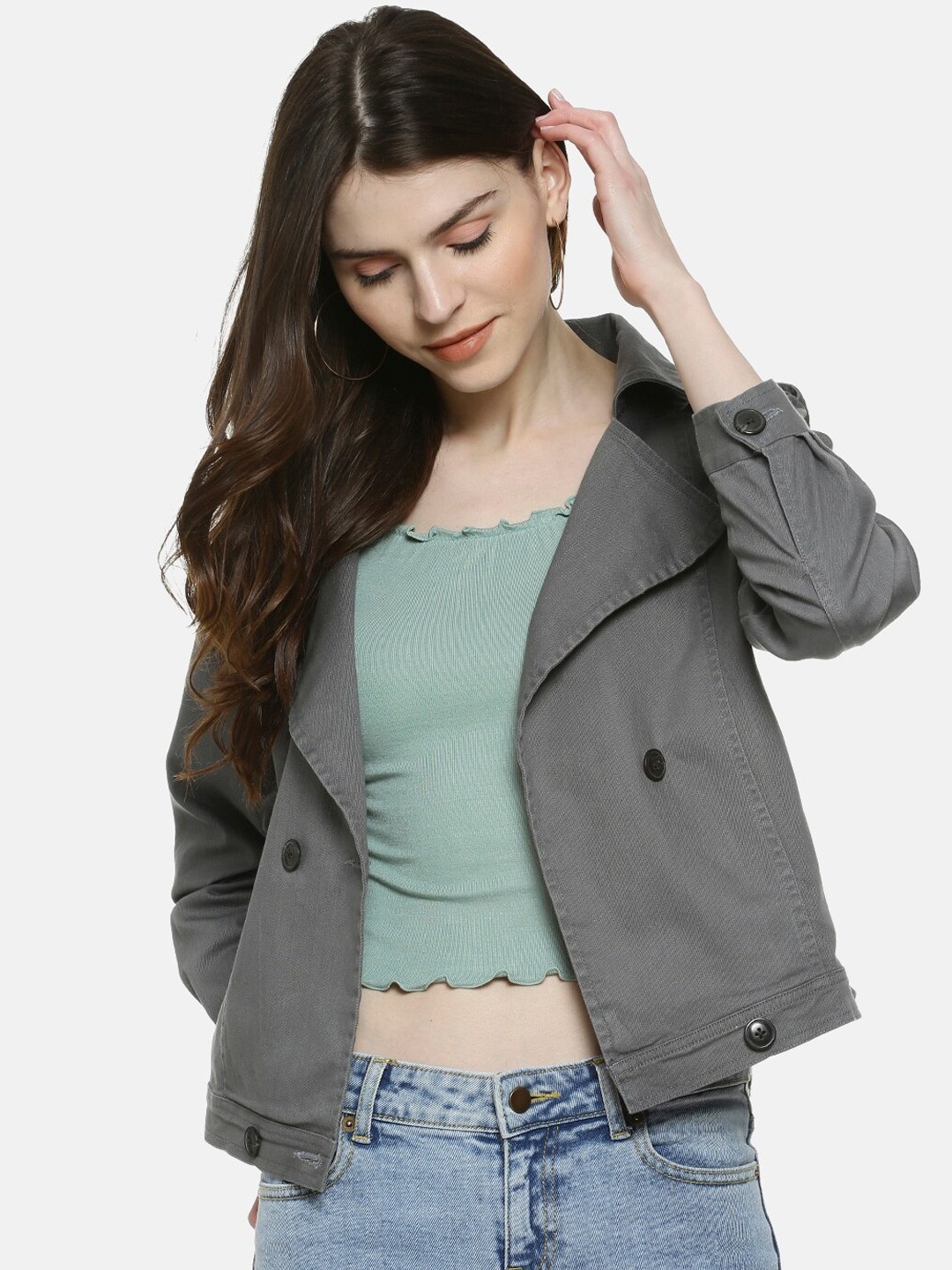 Buy Campus Sutra Women Grey Windcheater Denim Jacket
