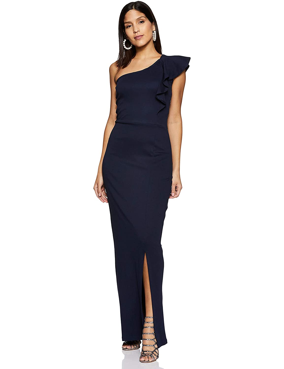 Indu Jha Recommends | Buy Miss Chase Women's Navy Blue Solid One Shoulder Sleeveless Ruffled Slit Maxi Dress