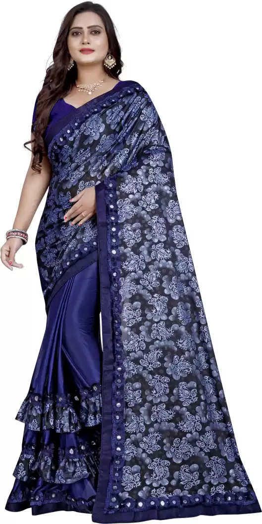 Buy Embroidered Bollywood Lycra Blend Saree (Blue)