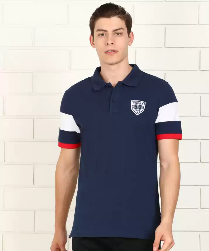 Buy PROVOGUE Solid Men Polo Neck Dark Blue T-Shirt