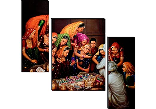 SAF 6MM Rajasthani Village Ladies Set of 3 Panel Painting(SANFJM1420) SAFJM1420(Figures,Multicolor)