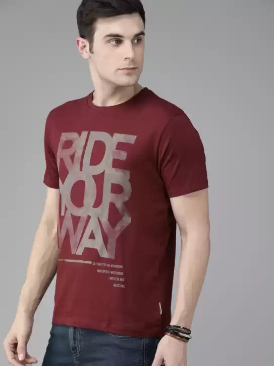 Buy Roadster Printed Men Round Neck Maroon T-Shirt