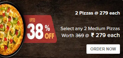 Upto 38% OFF On Select Any 2 Pizzas @Rs.279 Each