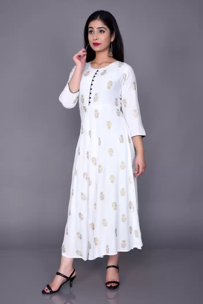 Aarti Fashion Women Printed Viscose Rayon Anarkali Kurta (White)
