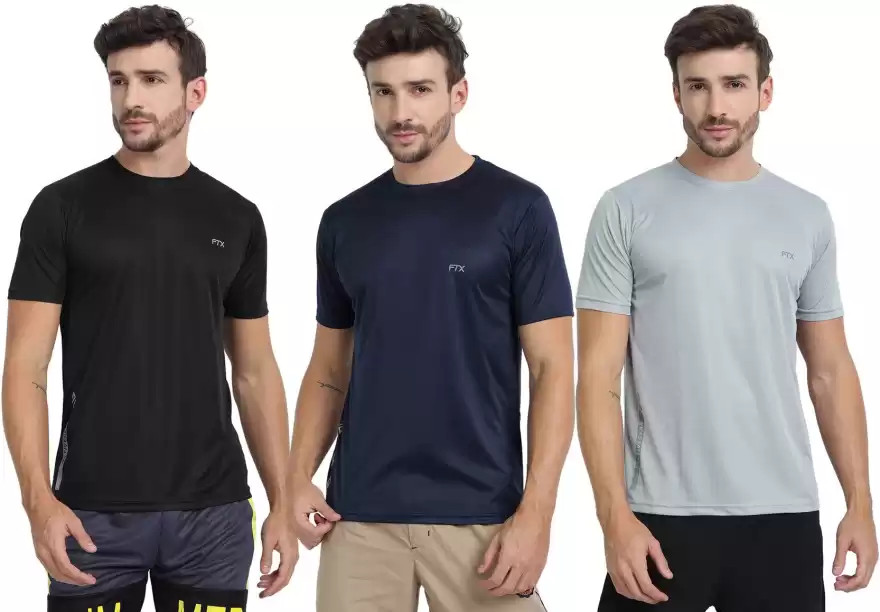 FTX Solid Men Round Neck Black, Blue, Silver T-Shirt (Pack of 3)