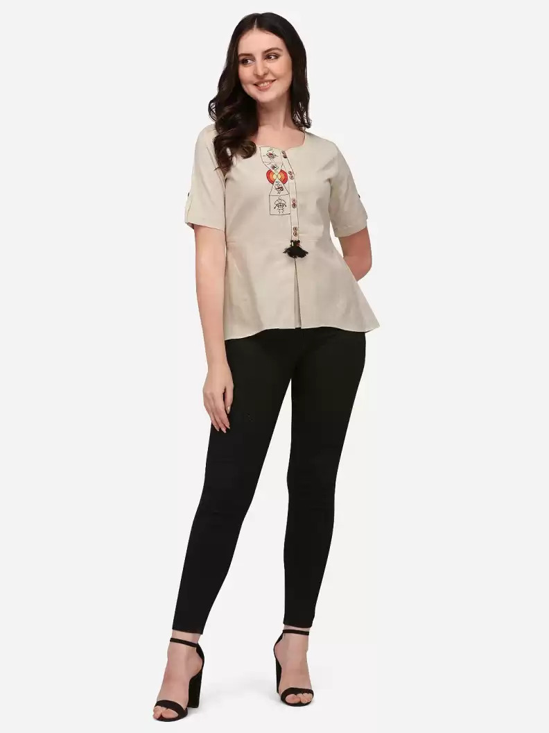 Prettify Casual Regular Sleeves Embroidered Women Beige Top