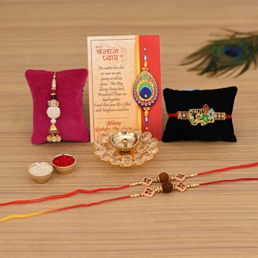 Collectible India Brass Crystal Diya Oil Lamp with Rakhi Gift Combo Set - 