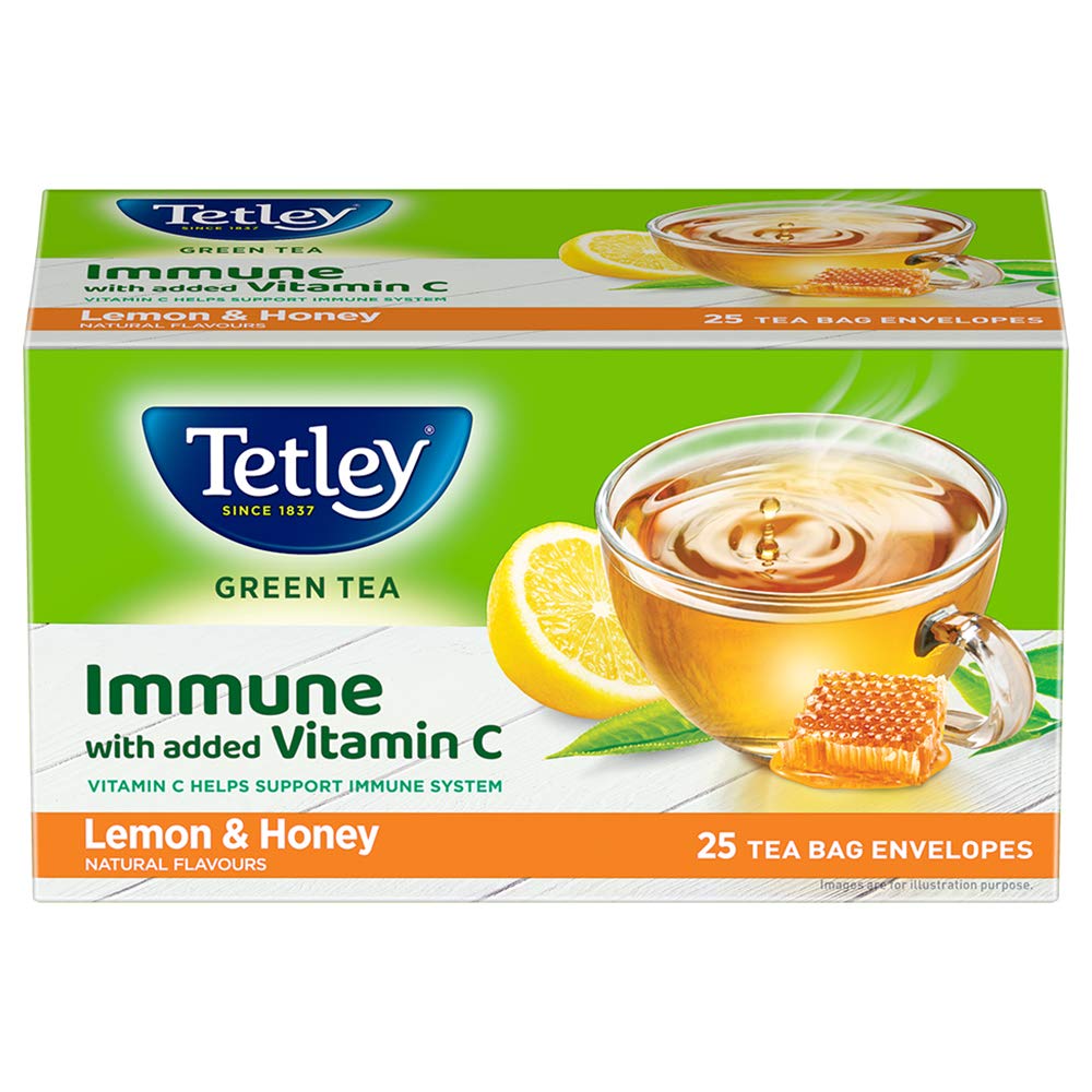 Tetley | Lemon & Honey Flavored Green Tea | Immune with Added Vitamin C |25 Tea Bags