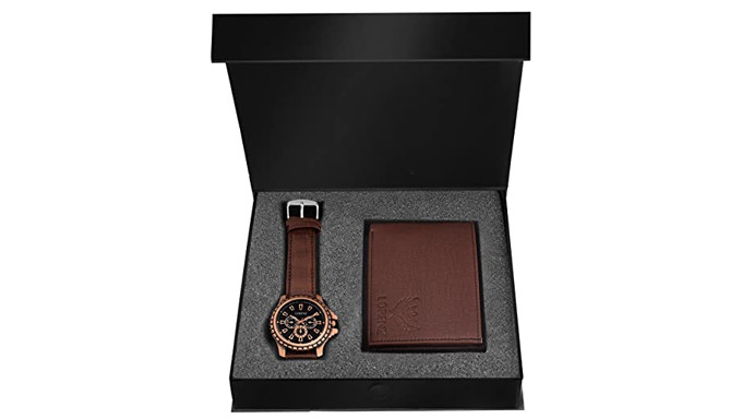 LORENZ Luxury Brown Leather Men's Wallet And Watch Combo Set (5G-CUHL-XQAR)