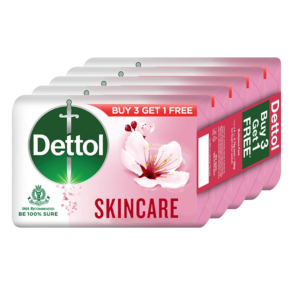 Dettol Skincare Moisturizing Bathing Soap Bar with Glycerine (Buy 3 Get 1 Free - 75g each)