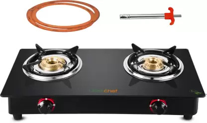 Greenchef Ebony Pro 2BR ( Hose Pipe + Lighter ) Glass Manual Gas Stove (2 Burners)