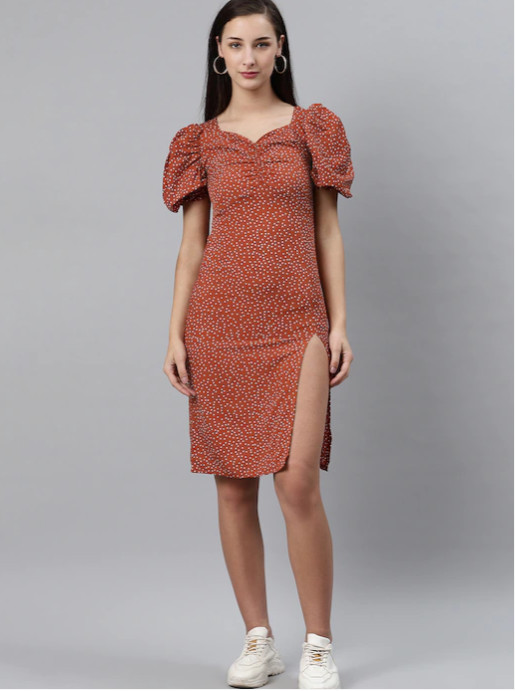 plusS Rust Brown & White Polka Dot Print Sheath Dress with Ruched Detail