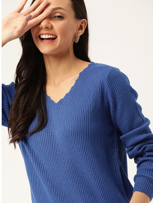 DressBerry Women Blue Ribbed Pullover