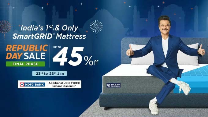 Republic Day Sale | Upto 45% Off + Extra 5% Off on Mattress & More + Extra Rs.1000 HDFC Off