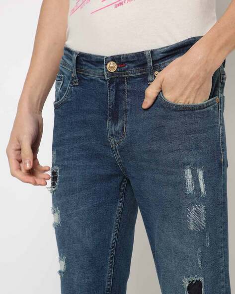 LEE COOPER Mid-Wash Distressed Slim Fit Jeans