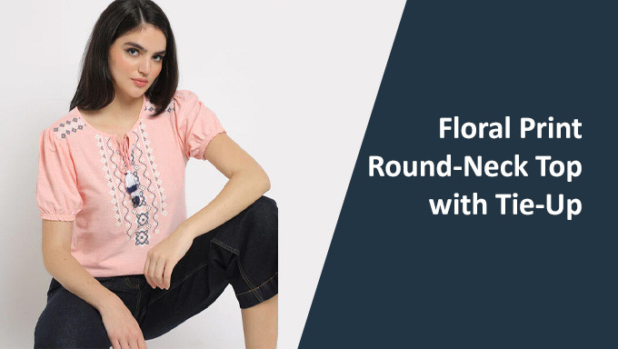 DNMX Floral Print Round-Neck Top with Tie-Up