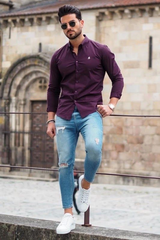 Purple dress shirt with jeans best sale