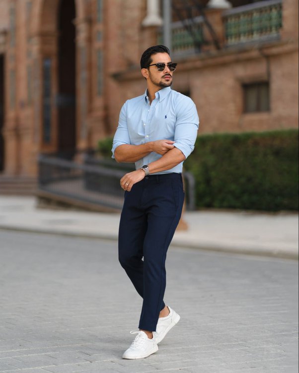 Shirts with navy blue pants online