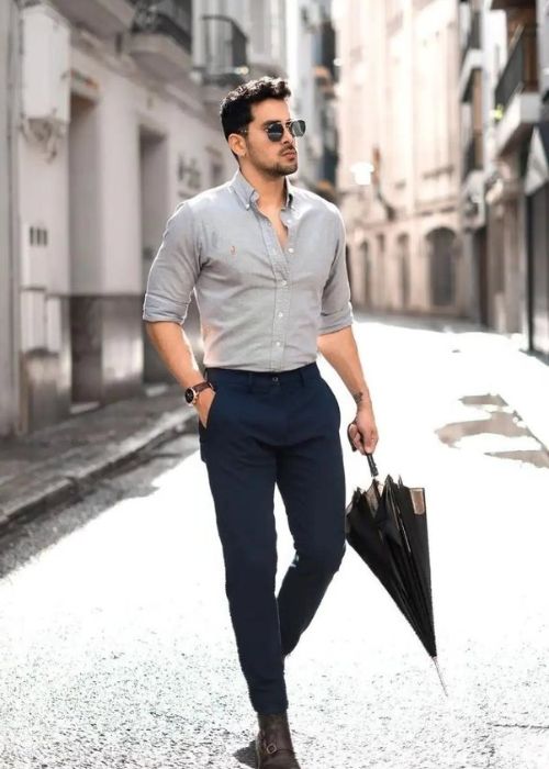 Grey shirt dark blue pants on sale