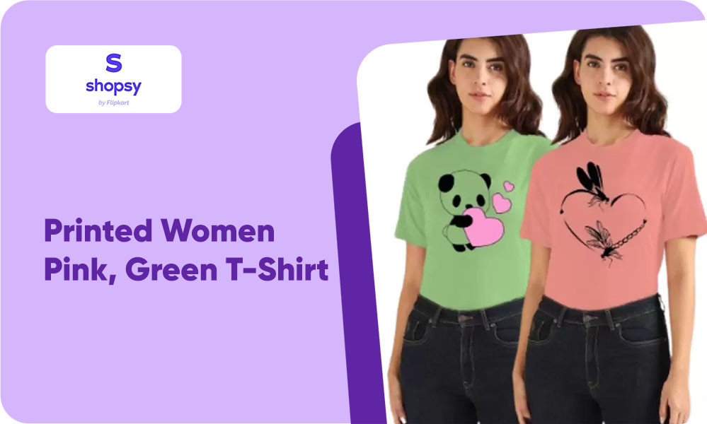 Buy Printed Women Pink, Green T-Shirt