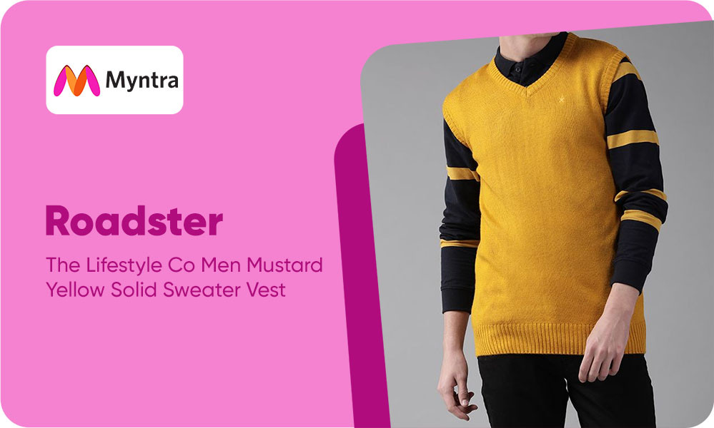 Roadster The Lifestyle Co Men Mustard Yellow Solid Sweater Vest